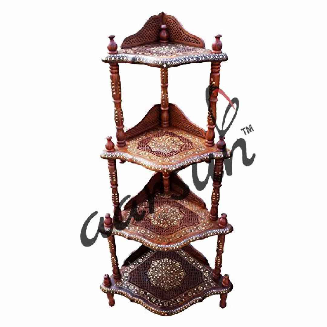 4-Shelf Corner Rack With Fine Jali Copper Brass Work 