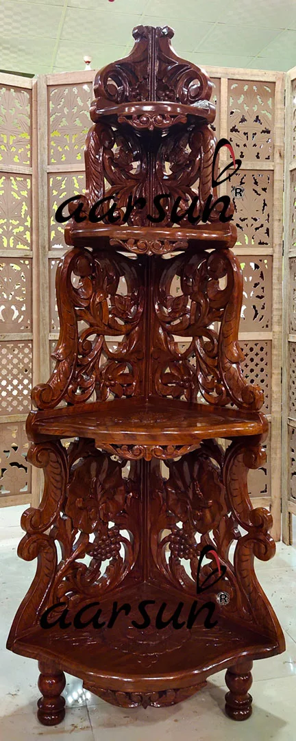 Handcrafted Wooden Corner Stand Dark Walnut Finish