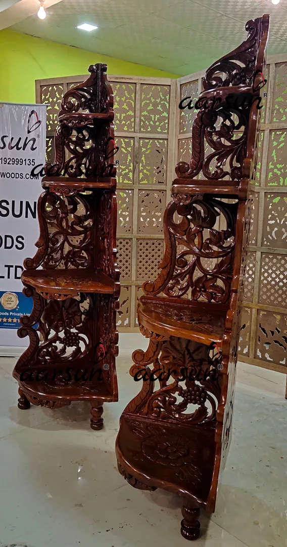 Handcrafted Wooden Corner Stand Dark Walnut Finish