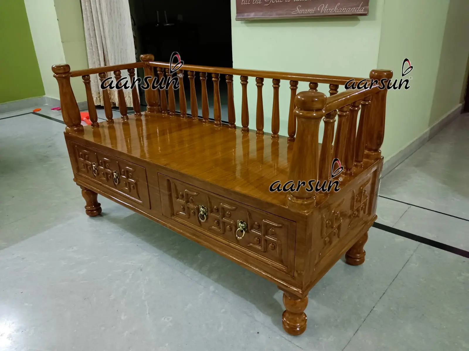 Handcrafted Wooden Ganpati Pooja Chowki with Side Railing