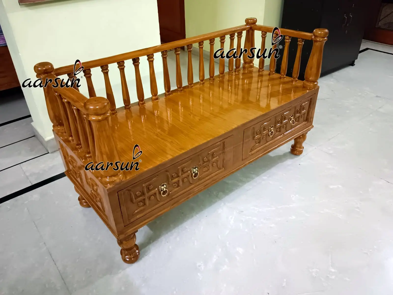 Handcrafted Wooden Ganpati Pooja Chowki with Side Railing
