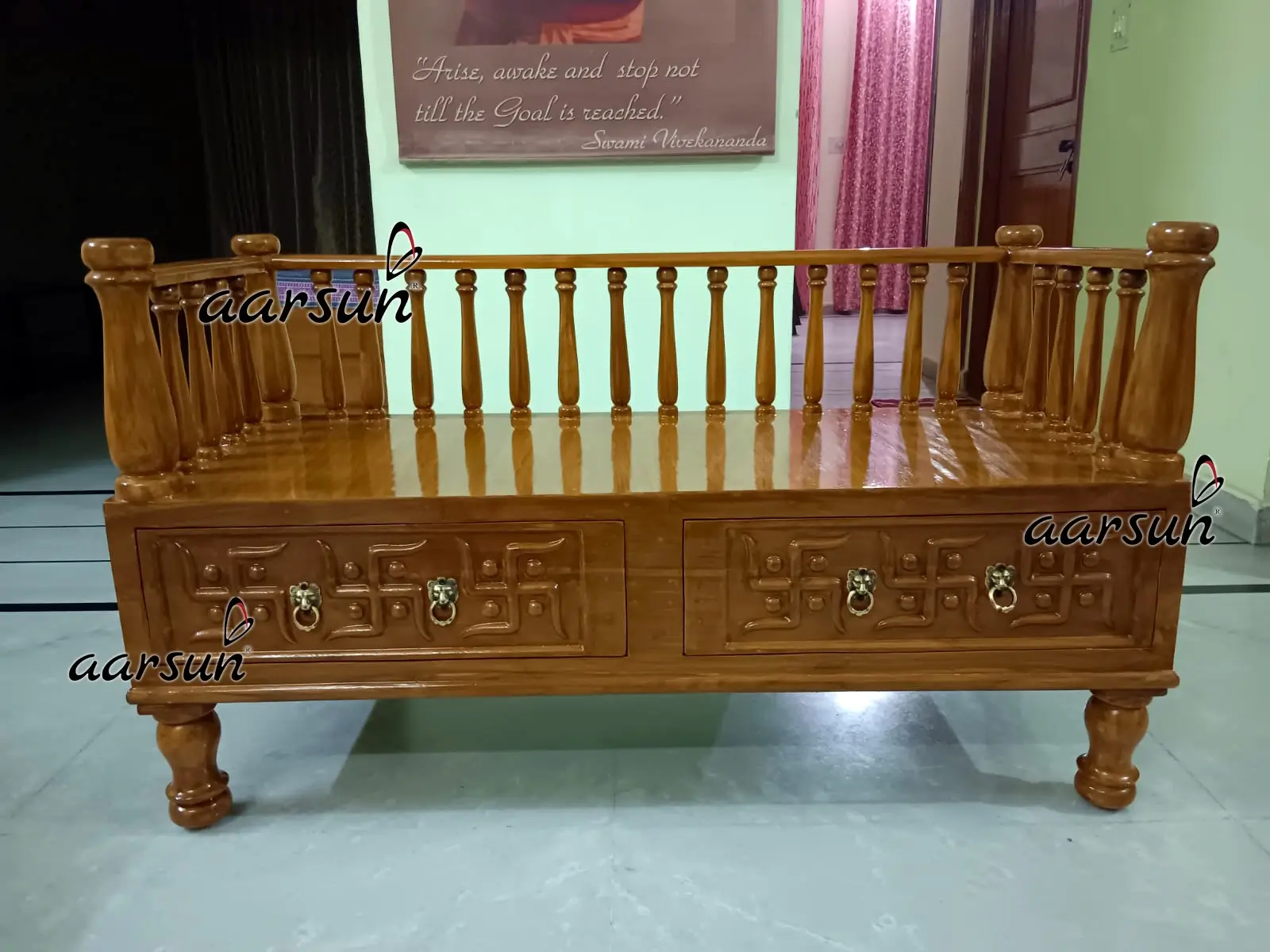 Handcrafted Wooden Ganpati Pooja Chowki with Side Railing
